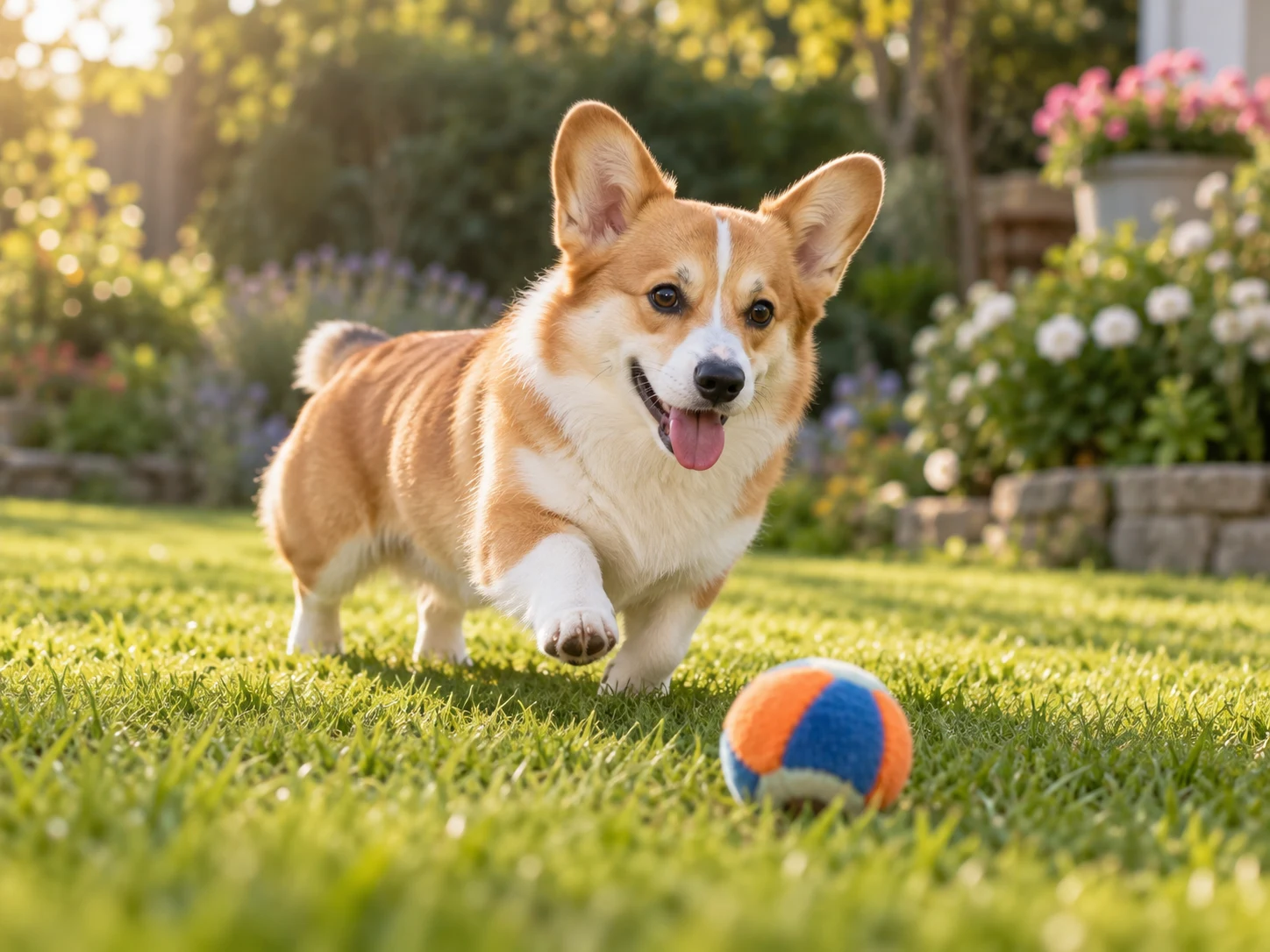 A happy Welsh Corgi playing with a soft ball on a garden lawn