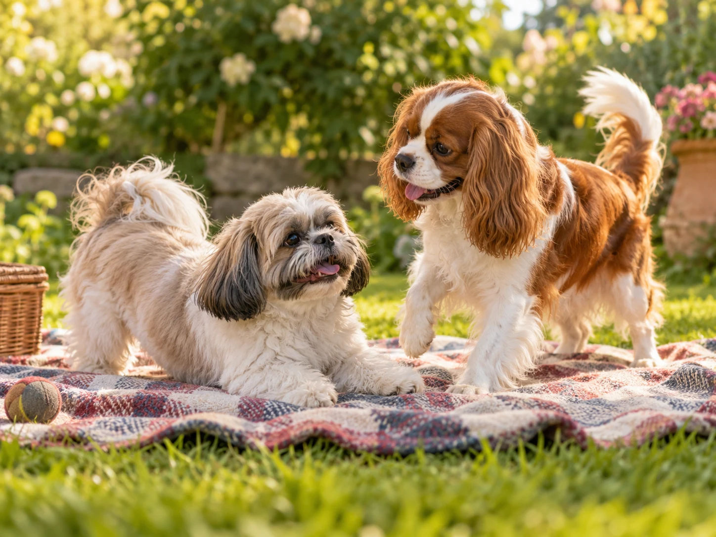 A Shih Tzu and Cavalier King Charles Spaniel playing on a picnic blanket