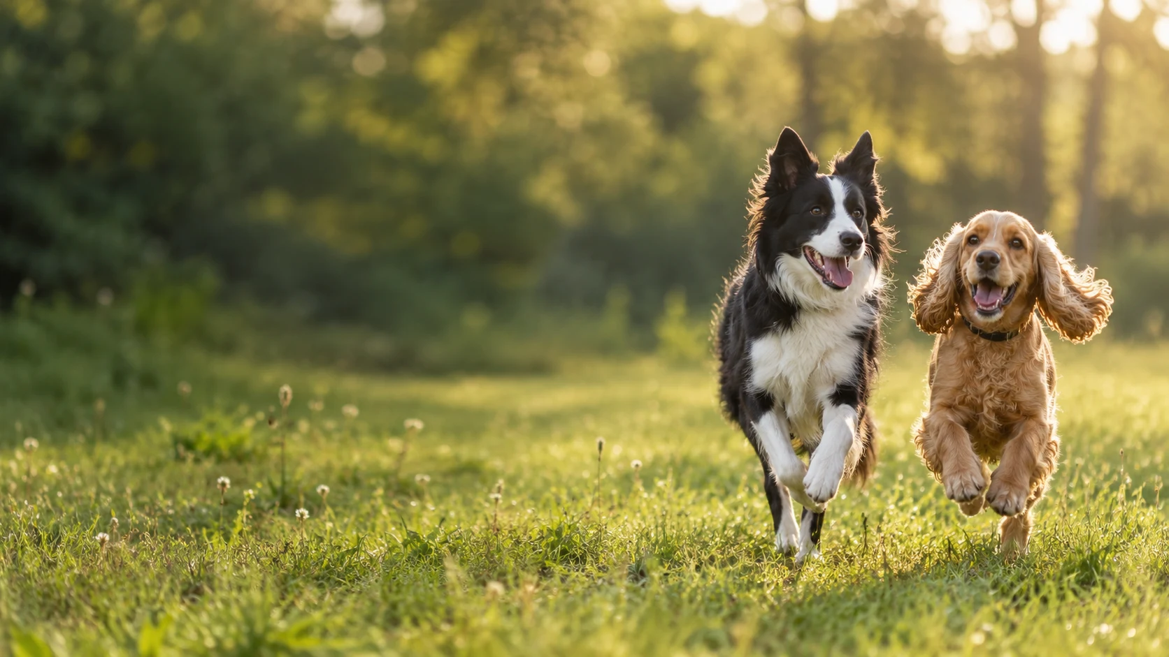 A Border Collie and Cocker Spaniel running happily through a sunlit meadow