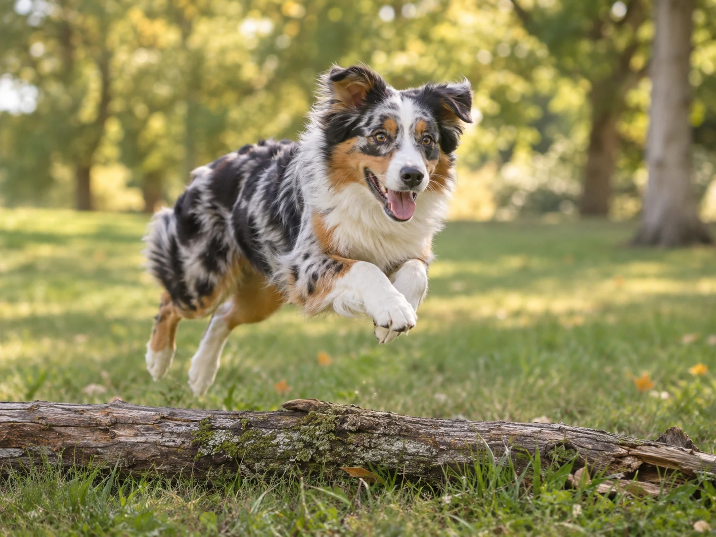 An Australian Shepherd jumping playfully over a low log in a grassy park