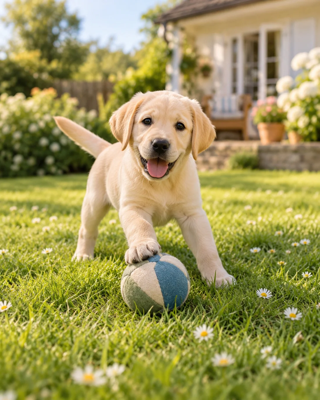 A playful Labrador puppy with a soft ball