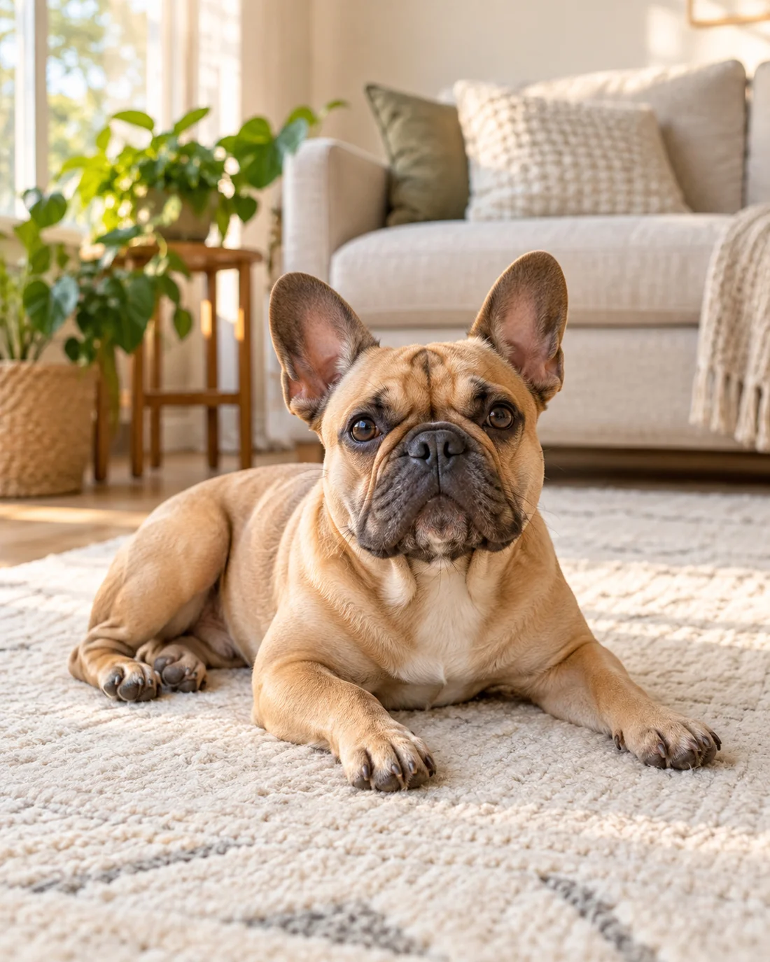 A contented French Bulldog relaxing in a cozy sunlit living room
