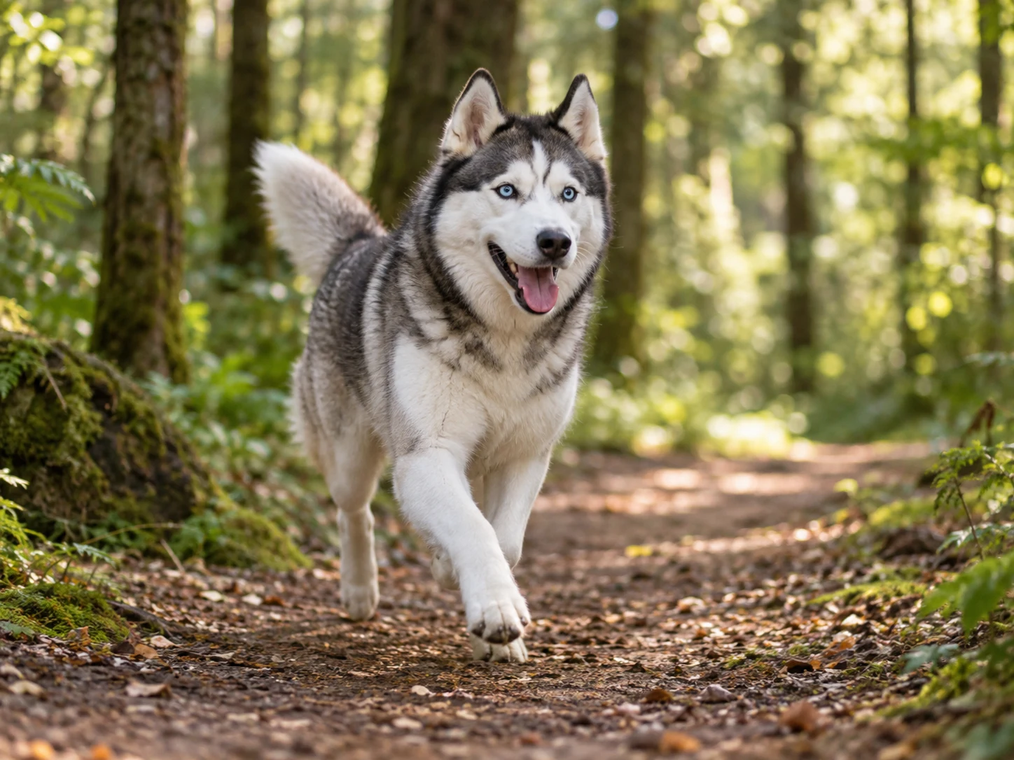 A Siberian Husky running along a cool green forest path